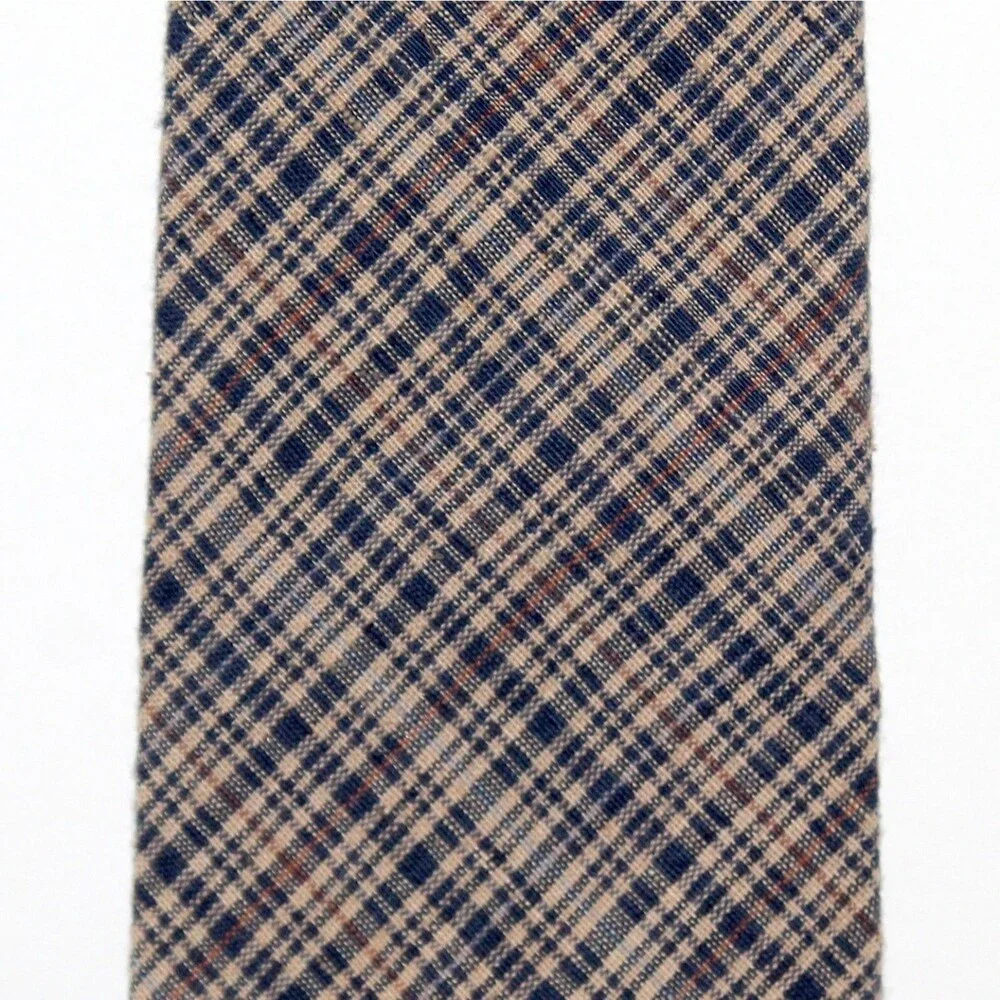 Beans McGee Necktie plaid blue tan vintage USA traditional cotton linen